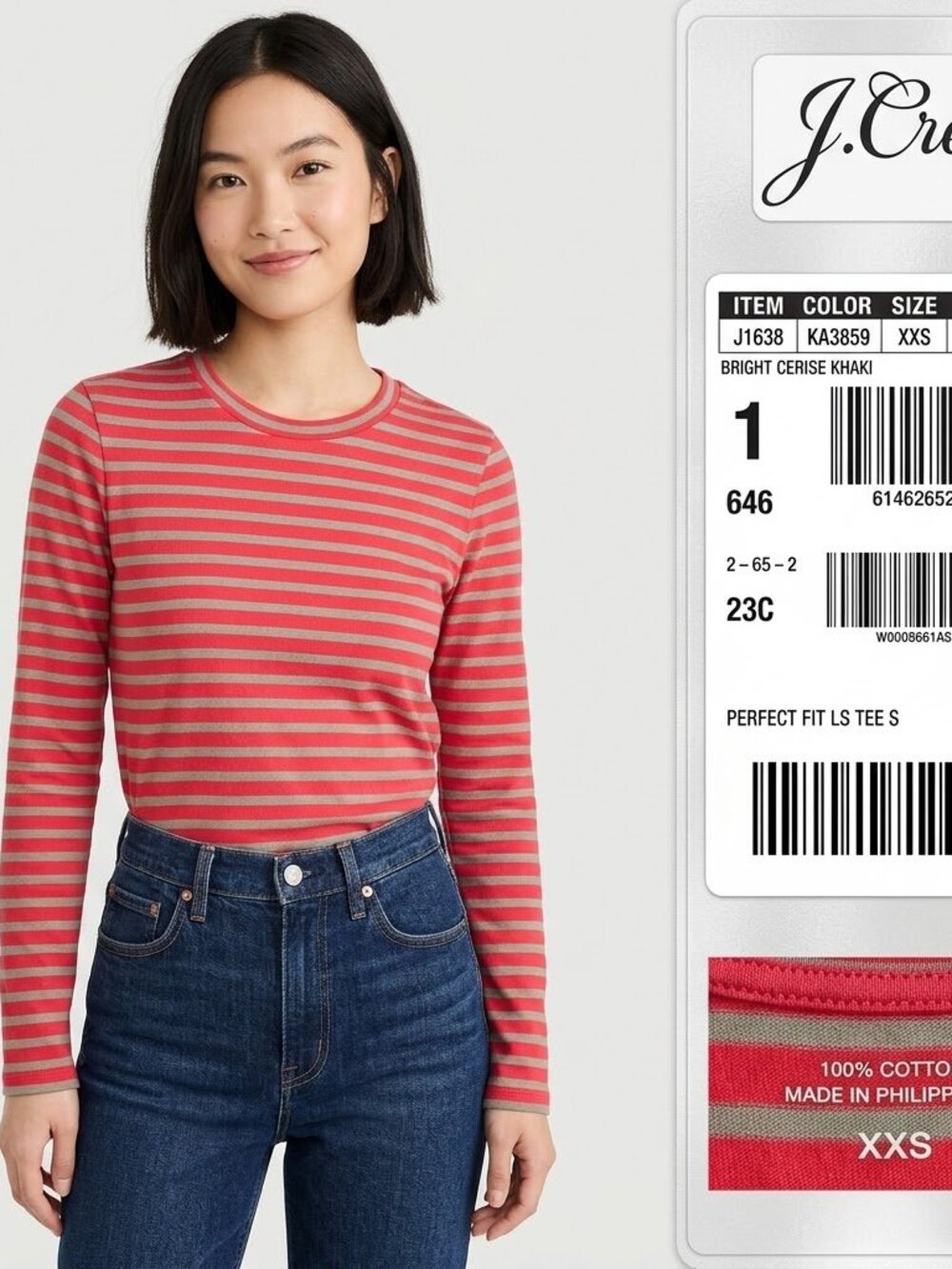 NWT J Crew Slim perfect Bright Cerise Khaki long-sleeve T-shirt in stripes XXS